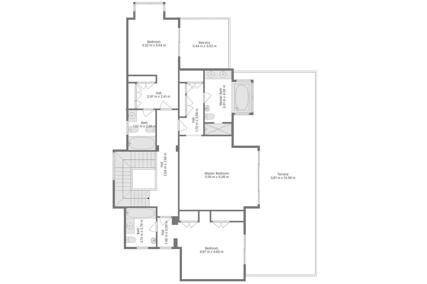 Schematic floor plan of an upper floor with a master bedroom and bathroom, two more bedrooms, halls, a staircase, a balcony and a large terrace, each space labelled