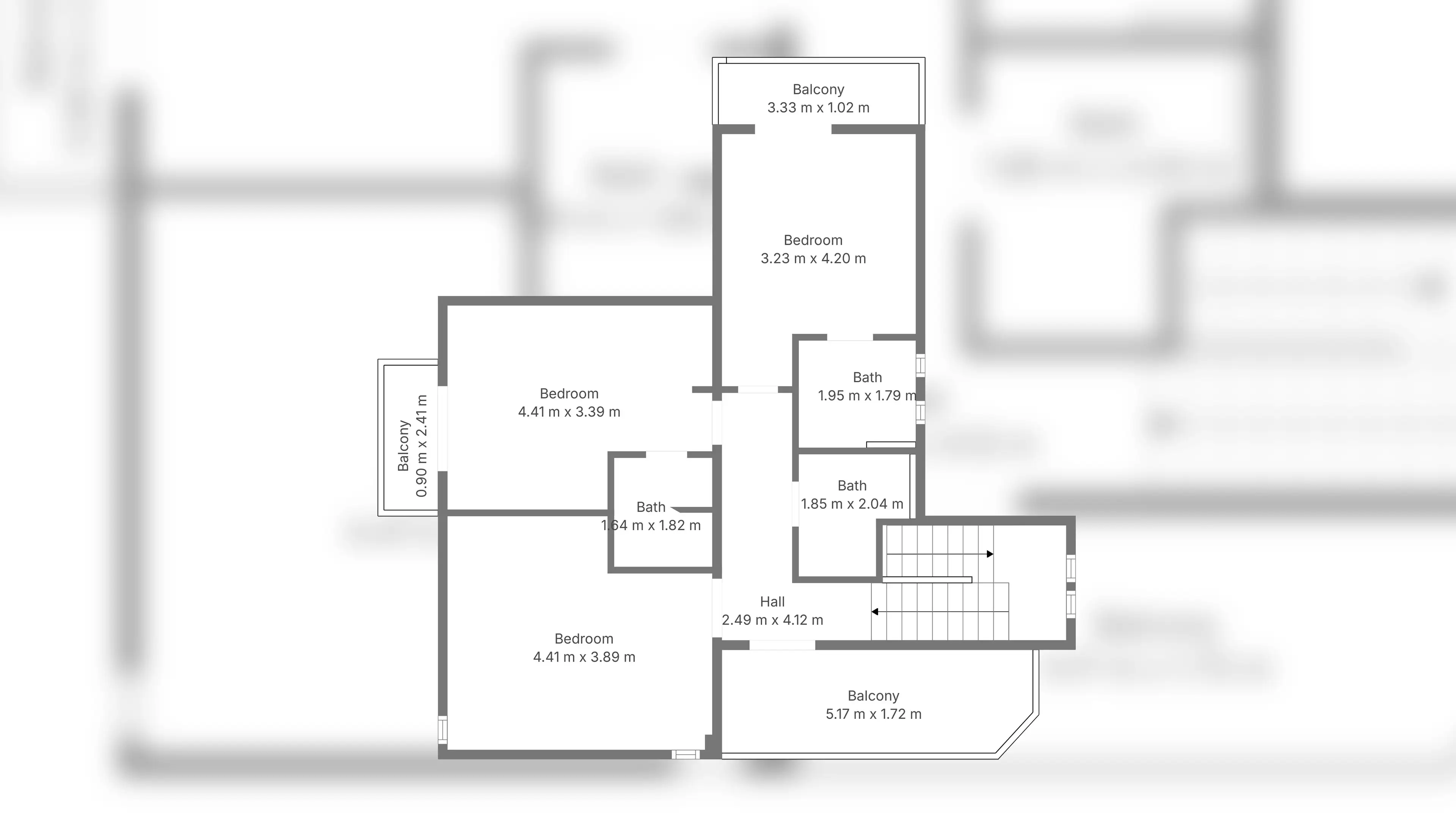 Plano esquemático de una planta superior con tres dormitorios, tres baños, un distribuidor, una escalera y balcones, con cada espacio nombrado